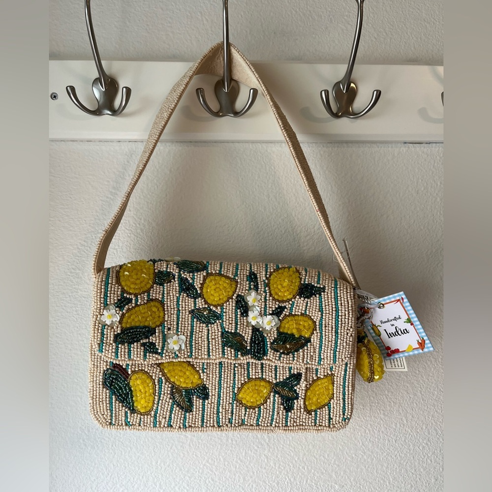 NWT Viral Beaded Bag Lemons Teal Stripes Lemon Charm Summer Vacation